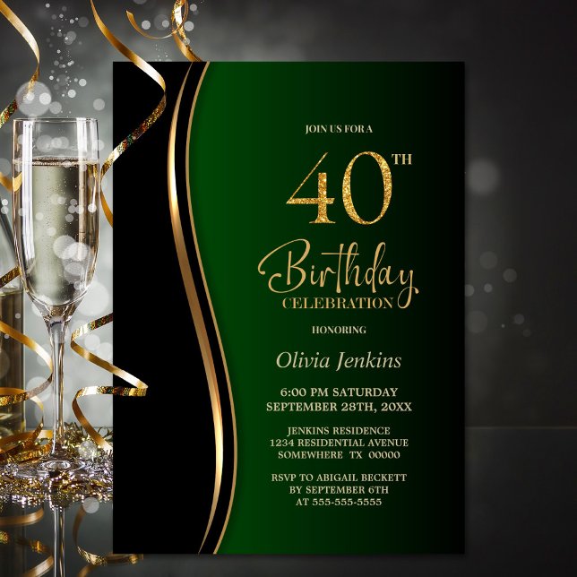 Green Black Gold 40th Birthday Party Invitation (Creator Uploaded)