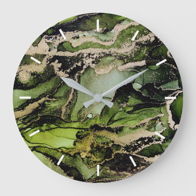 Green Black Gold Abstract Without Numbers Large Clock (Front)