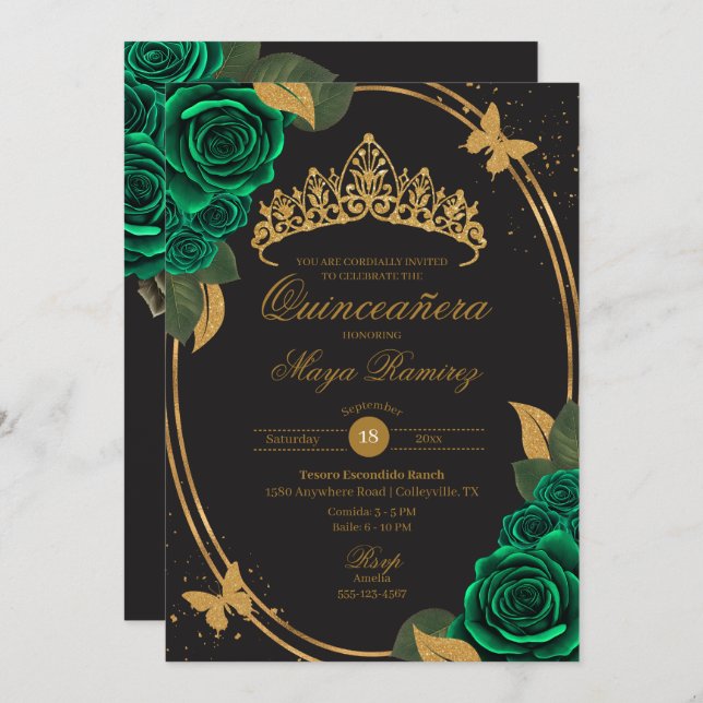 Green Black Gold Glitter Butterfly Quinceañera  Invitation (Front/Back)
