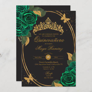 Green Black Gold Glitter Butterfly Quinceañera  Invitation