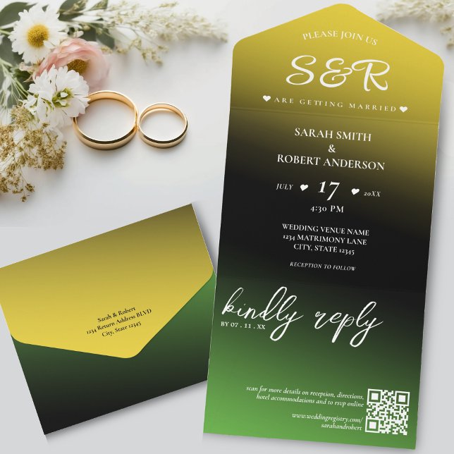 Green Black & Gold Jamaica Ombre QR Code Wedding All In One Invitation (Green Black & Gold Jamaica Ombre QR Code Wedding All In One Invitation)