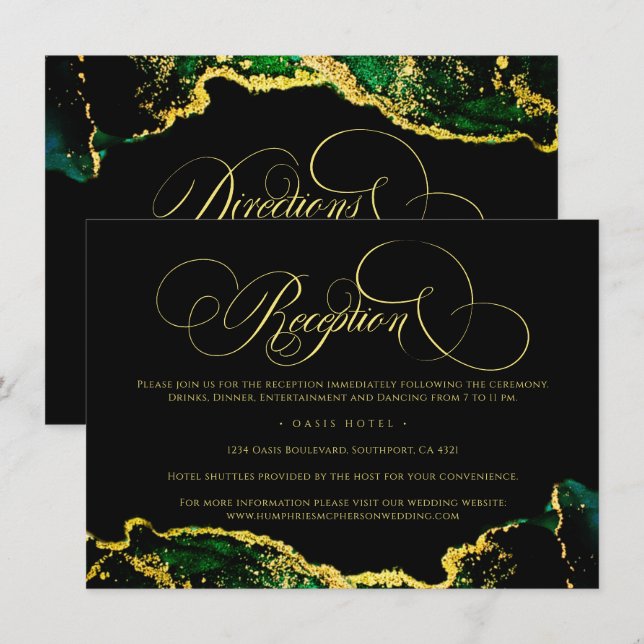 Green Black Gold Reception Directions Wedding Enclosure Card (Front/Back)