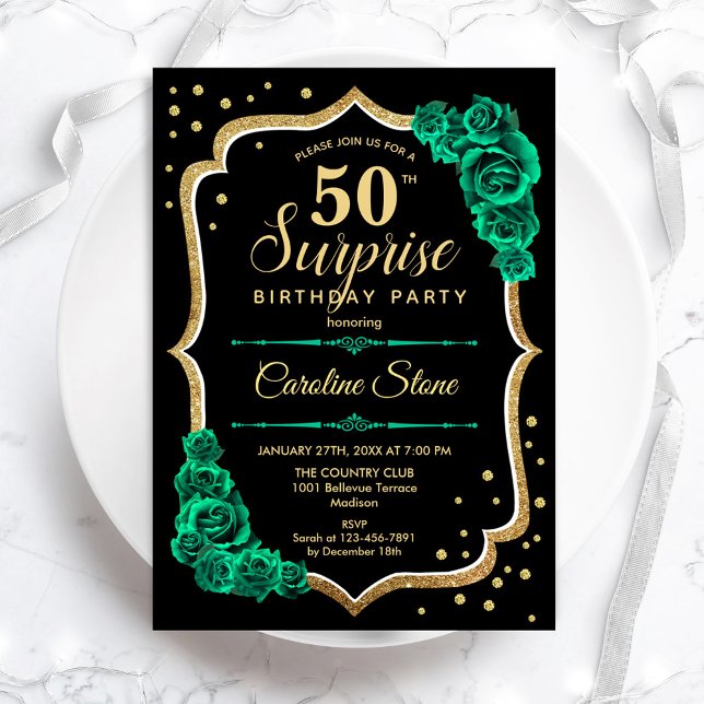 Green Black Gold Surprise 50th Birthday Invitation (Creator Uploaded)