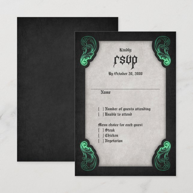 Green Black Gothic Wedding RSVP Card (Front/Back)