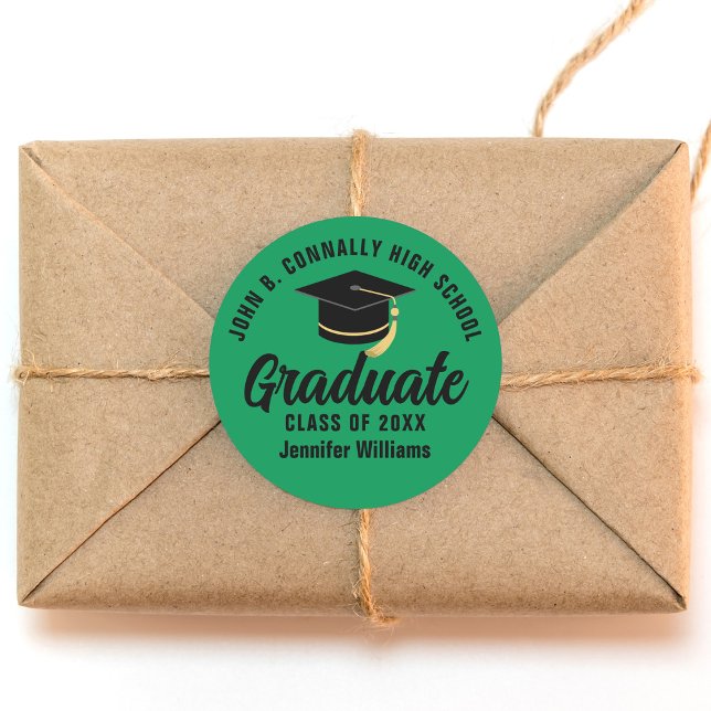 Green Black Graduate Custom Graduation Party Classic Round Sticker (Creator Uploaded)