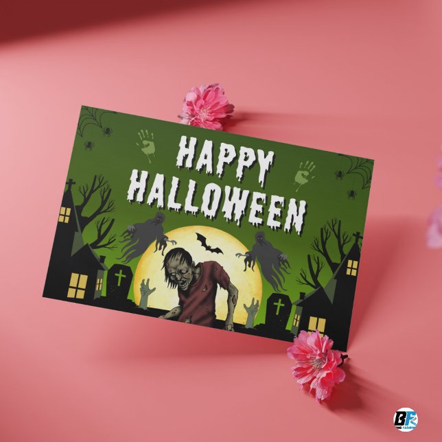 Green & Black Happy Halloween Spooky  Postcard (#HALLOWEEN)