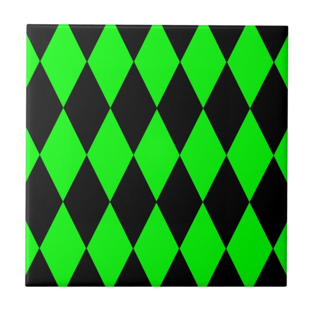 Green Black Harlequin Diamonds Checkers Design  Ceramic Tile (Front)