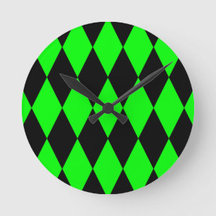 Green Black Harlequin Diamonds Checkers Design  Round Clock