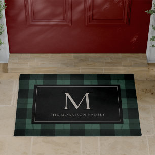 Green & Black Holiday Plaid Monogram & Name Doorma Doormat