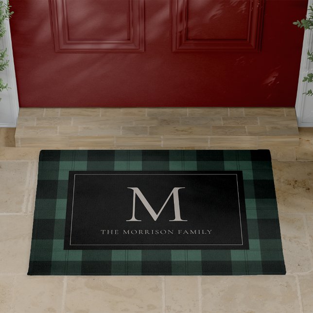 Green & Black Holiday Plaid Monogram & Name Doormat (Creator Uploaded)