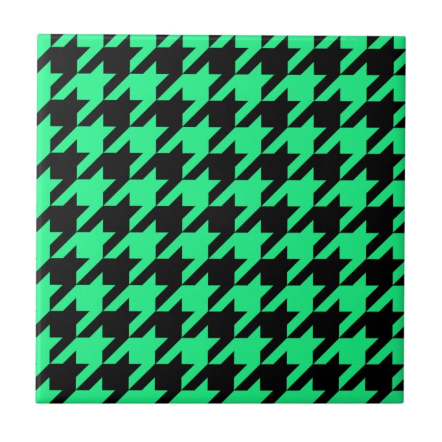 Green Black Houndstooth Check Ceramic Tile (Front)