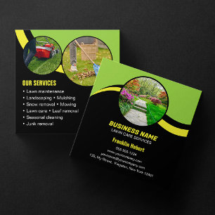 Green Black Lawn Care Landscaping Mowing 3 Photo Square Business Card