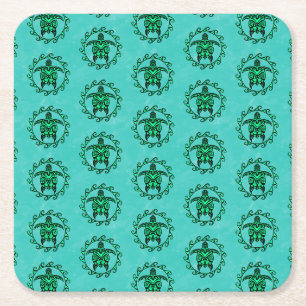 Green Black Maori Sun Symbol Tribal Turtles Square Paper Coaster