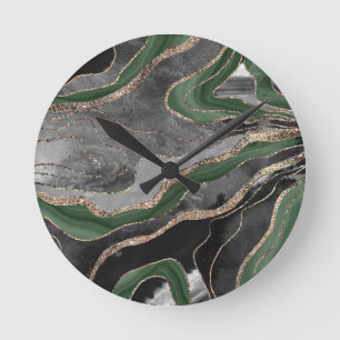 Green Black Marble Agate Gold Glitter Glam #1  Round Clock