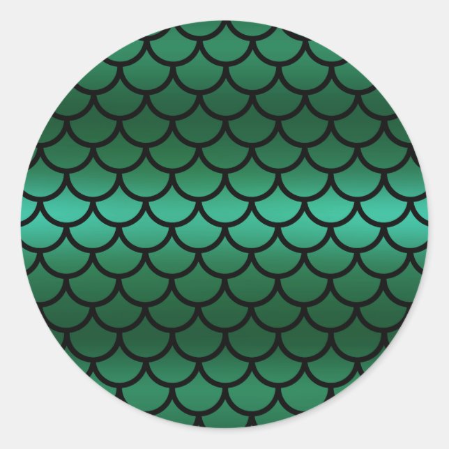 Green & Black Mermaid Scales Fantasy Fish Classic Round Sticker (Front)