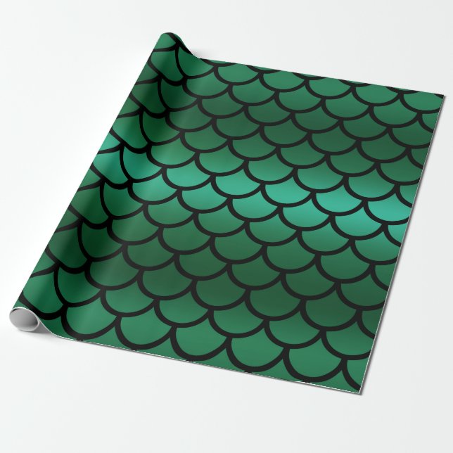 Green & Black Mermaid Scales Fantasy Fish Wrapping Paper (Unrolled)