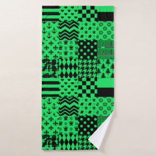 Green Black Mixed Patterns Patchwork Design Bath Towel