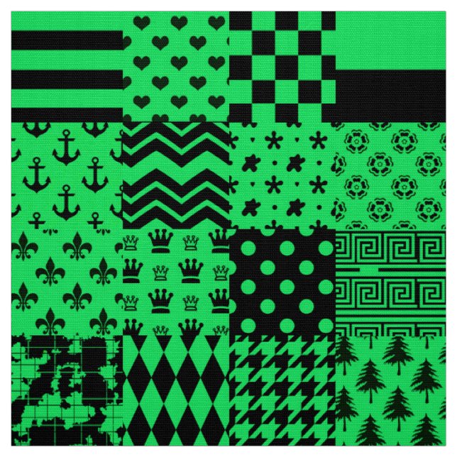 Green Black Mixed Patterns Patchwork Design  Fabric (Swatch)