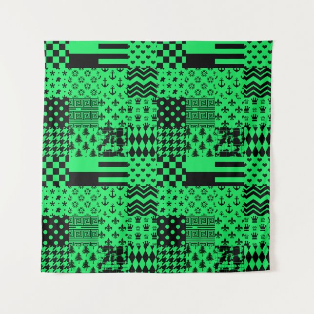 Green Black Mixed Patterns Patchwork Design  Tapestry (Front)