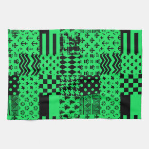 Green Black Mixed Patterns Patchwork Design Tea Towel