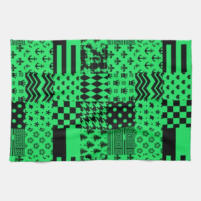 Green Black Mixed Patterns Patchwork Design  Tea Towel (Horizontal)