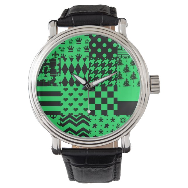 Green Black Mixed Patterns Patchwork Design  Watch (Front)