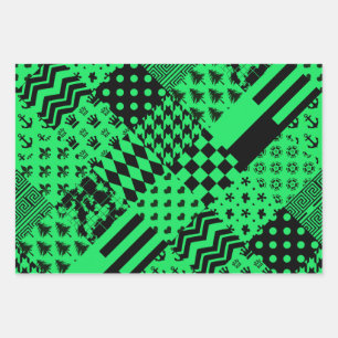 Green Black Mixed Patterns Patchwork Design Wrapping Paper Sheet