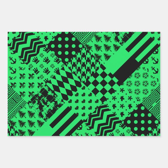 Green Black Mixed Patterns Patchwork Design  Wrapping Paper Sheet (Front)