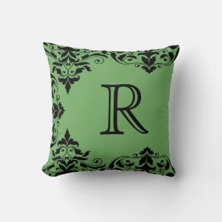 Green & Black Monogram Damask Pillow