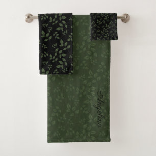 Green black pattern leaves monogram bath towel set