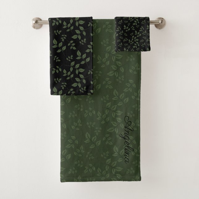 Green black pattern leaves monogram bath towel set (Insitu)