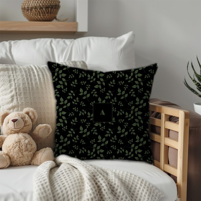 Green black pattern leaves monogram cushion (Creator Uploaded)