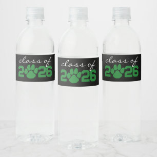 Green & Black Paw Print Graduation Water Bottle Label