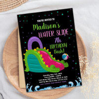 Green Black Pink Water Slide Birthday Invitations