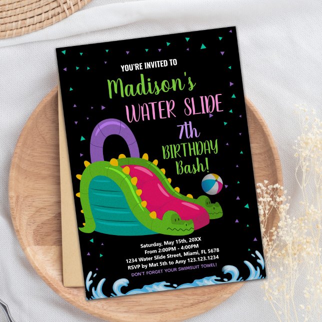 Green Black Pink Water Slide Birthday Invitations (Green Black Pink Water Slide Birthday Invitations)