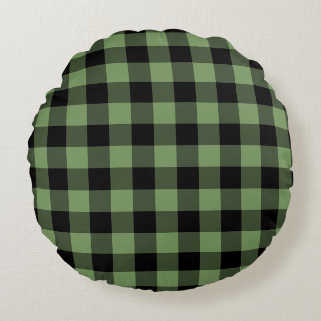Green Black Plaid Chequered Pattern Round Cushion (Front)