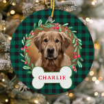 Green & Black Plaid Dog Photo Christmas Wreath Ceramic Ornament<br><div class="desc">Add a rustic touch to your holiday decor with this personalised green and black buffalo plaid dog photo Christmas wreath ornament. Featuring a festive wreath with green leaves and berries surrounding your pet's photo, this ornament is perfect for dog lovers who want to showcase their furry friends on their Christmas...</div>