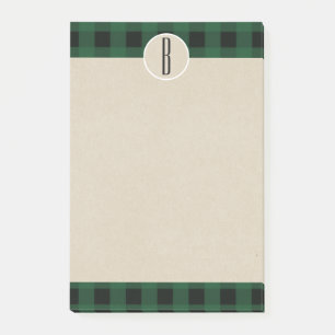 Green Black Plaid Kraft Rustic Monogram Initial Post-it Notes