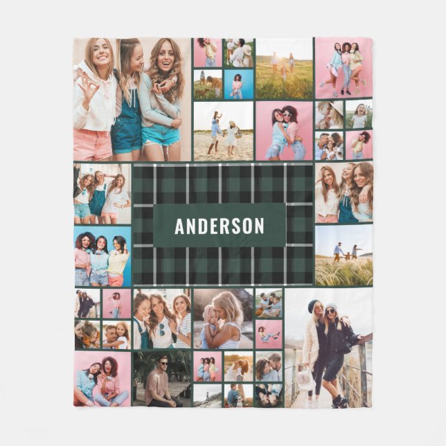 Green black plaid modern minimal pampas 34 photo fleece blanket (Front)