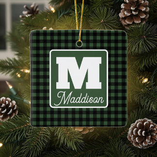Green & Black Plaid Monogram Name Christmas  Ceramic Ornament