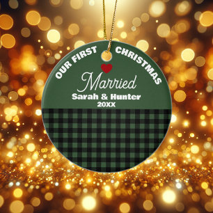 Green & Black Plaid Our First Christmas Married Ceramic Ornament