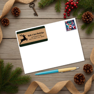 Green & Black Plaid Reindeer Christmas Custom Label