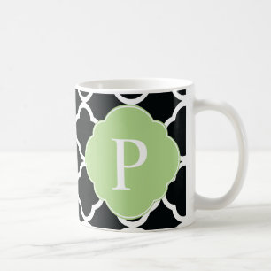 Green Black Quatrefoil Monogram Coffee Mug