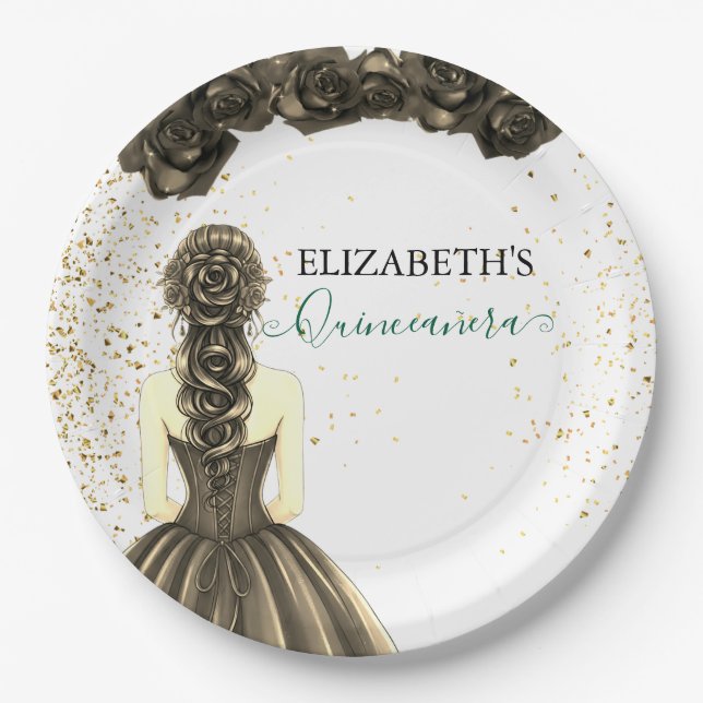 Green & Black Quinceañera Custom Paper Plat Plate (Front)
