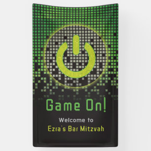 Green Black Raining Pixels Video Game Bar Mitzvah  Banner