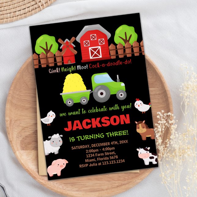 Green Black Red Farm Animals Birthday Invitations (Green Black Red Farm Animals Birthday Invitations)