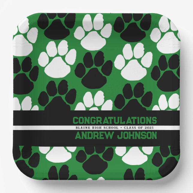 Green & Black Repeating Pawprint Personalised Paper Plate (Front)