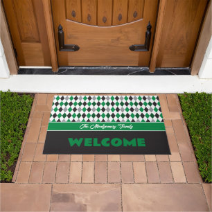 Green & Black School Colours Argyle Pattern Doormat