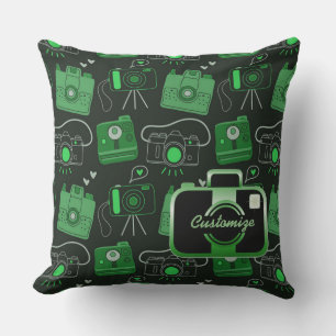 Green & Black Shutter Bug Retro Cameras Pillow