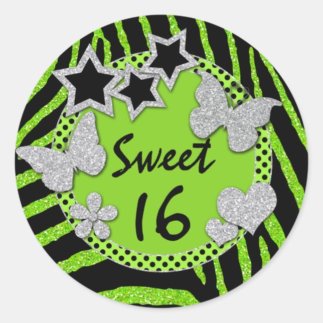 Green Black Silver FAUX Glitter Sweet 16 Sticker (Front)